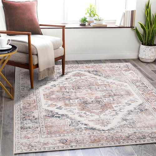 TOPICK Teppich Wohnzimmer Waschbar Hellrot Dünner Blumen Vintage Matten Schlafzimmer Kinderzimmer rutschfest Kurzflor Faltbar Teppiche Gegend für Flur Badezimmer 180x270cm