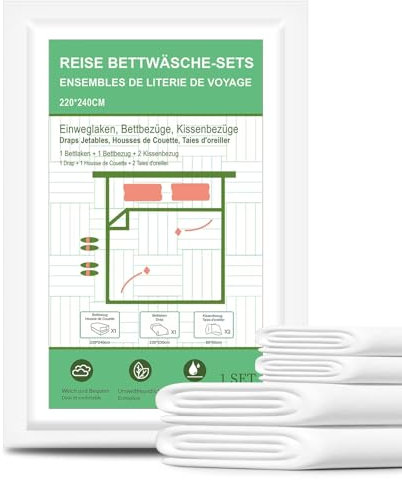 YIYDS Einweg Bettwäscheset Set für Reisen, 220x240cm 4-Teiliges Einweg-Bettlaken, 1 Bettlaken,1 Bezüge,2 Kissenbezüge, für Hotels, Reisen, Camping