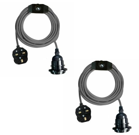 LEDSONE Vintage 2Pack Plug in Pendant Light Kit with Fabric Flex Cable | 2m Hanging Light Fitting with E27 Bulb Socket Plug Switch Ideal for Home, Studio, Office, Café, or Decorative Lighting (Grey)