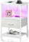 Rolanstar Nachttisch mit LED, Beistelltisch mit Steckdose & Stoffschublade, 3-stufiger Sofatisch mit offenem Regal, perfekt für Schlafzimmer Wohnzimmer kleine Räume, Weiß, 40 x 30 x 60 cm