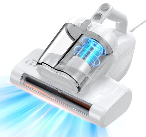 JPHYLL Aspirateur Matelas Anti Acariens avec Lumière UV-C de 253,7nm 16Kpa Aspiration Filtre HEPA Chauffage Fonction 40000 RPM/Min Rotation Aspirateur à Main Élimine des Allergènes 600W Câble Blanc