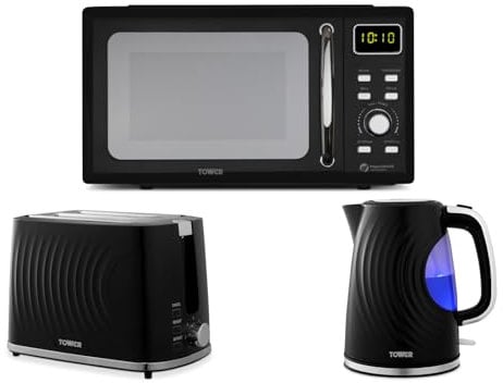 Tower Sonar Black 1.7L 3KW Kettle, 2 Slice Toaster & T240241BLK 800W 20L Digital Microwave. Contemporary Matching Kettle, Toaster & Microwave Set in Black