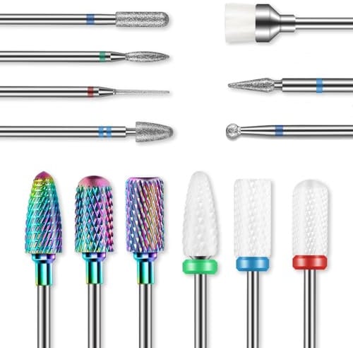 Depvko 13PCS Nagelfräser Aufsätze Bits Set, 3/32 Professionelle Bits für Nagelfräser Nail Tech, Hartmetall Diamant Keramik Efile Nagel Bits mit Bürste, Nagelhautentferner Bits für Acryl Gel Maniküre