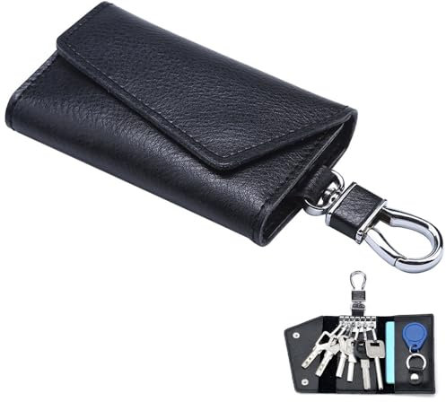 KOZOY Pochette Porte-Clés en Cuir, 11x 6.5 cm Étui Porte-Clés Voiture avec 6 Porte-Clés et 3 Compartiments séparés, Crochet Métallique, Housse de Protection Clé Portable, pour Homme Femme (Noir)