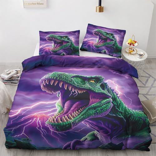 Housse de Couette 200x200 Dinosaure avec 2 Taies d'oreiller 65x65 cm - Decoration Dinosaure, Parure de Lit 2 Personnes Enfant Fantastique Dinosaure, Linge de Lit avec Fermeture éclair B*&286