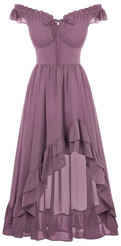 Renaissance Corset Dress Off Shoulder Chiffon Sundress Purple L | High-Low ruffle hem, smocked back waist, Flowy a line, for Wedding Guest,pirate costume,Halloween party, with pockets