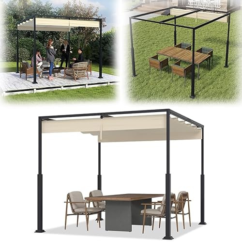VA-Cerulean Pérgola de metal con techo solar, cenador estable de 3 x 3 m, toldo para terraza, protección solar, para jardín, con columnas de metal robustas, color beige