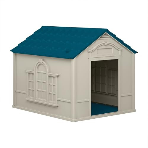 Suncast DH350 - Caseta para su Mascota de Resina Alta Densidad, Puertas con cortinillas Desmontables, 100 x 80 x 23 cm, Color Gris