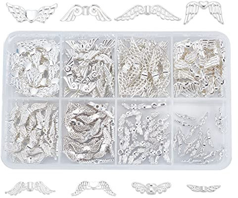 PandaHall 160 stücke 8 Stile Engelsflügel Basteln Flügelform Tibetischen Stil Legierung Perlen Charme Spacer Perlen für Armband Halskette Schmuck DIY Handwerk Machen, silber