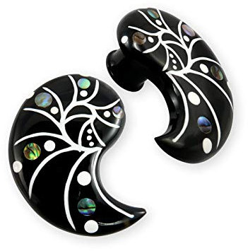 Fly Style Ohr Plug Flesh Tunnel aus Horn mit Abalone Muschel Knochen Inlays, Grösse:10 mm, Richtung/Seite:Links