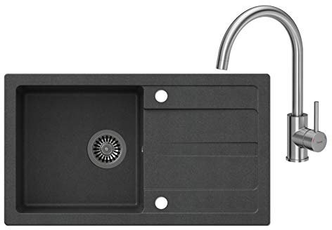VBChome Schwarz 77 x 43,5 cm Granit Einzelbecken Einbauspüle Abtroffläche gesprenkelt reversibel Verbundspüle Küchenarmatur + Siphon + Spülmittelspender
