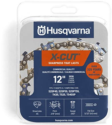 Husqvarna X-Cut S93G 30,5 cm Kettensägekette, 3/8 Zoll Mini-Teilung, 0,50 Zoll Gauge, 45 Drive Link Kettensägeblatt Ersatz, vorgespannt und niedriger Rückschlag, Grau