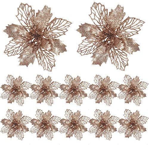 FUNNY HOUSE Christbaumschmuck Glitter Poinsettia 12 Stücke Weihnachtsschmuck Baumschmuck Künstliche Weihnachtsblumen Deko für Weihnachtsbaum Weihnachtskranz Ornamente (Champagner)