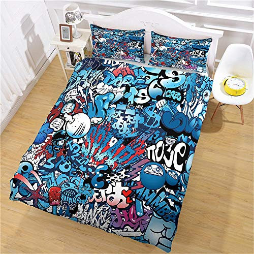 LiYiAT Bettwäsche 135X200 cm mit Weich Atmungsaktiv Blaues Graffiti Bettwäsche Set 3 Teilig 1 Mikrofaser Bettbezug mit Reißverschluss und 2 Kissenbezüge 80 X 80cm für Kinder Erwachsene