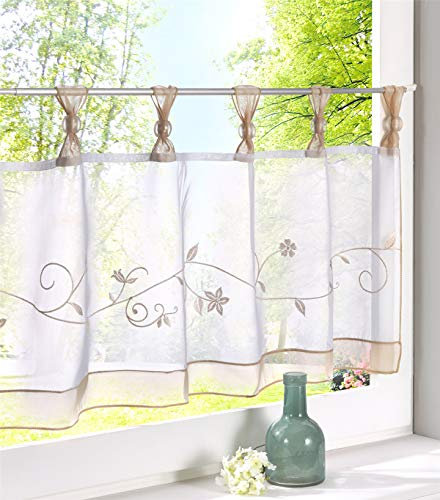 Dreamskull Scheibengardine Voile Bistrogardine Landhaus Küche Kurz Modern Kurzstores Gardinen Kurzgardine Küchengardine Transparent 60 cm Hoch Weiß mit Schlaufen Stickerei Kleinfenster