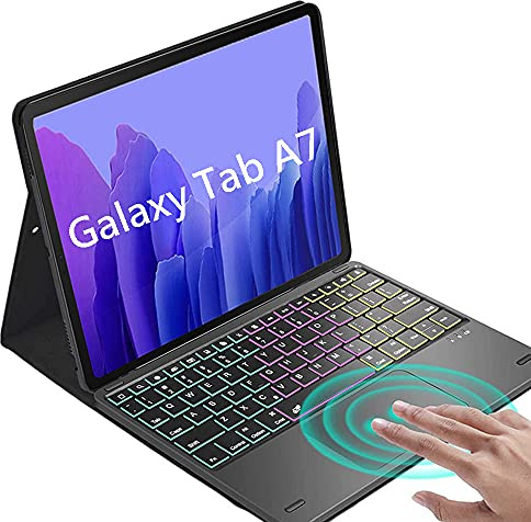 QYiD Funda con Teclado para Galaxy Tab A7 10.4 2020 Model (SM-T500/T505/T507), Retroiluminación Teclado con Touchpad [QWERTY Español], Funda de PU Folio para Galaxy Tab A7, Negro