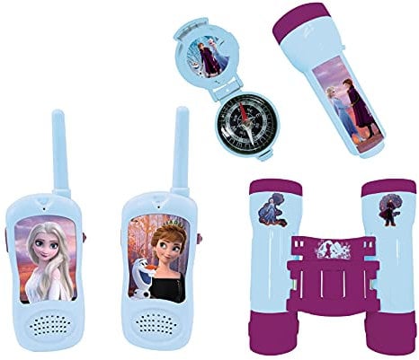 Lexibook-RPTW12FZ La Reine des Neiges Frozen-Set d'aventurier Complet pour Enfant, Talkies-Walkies 120m, Jumelles, Lampe-Torche, Boussole, RPTW12FZ