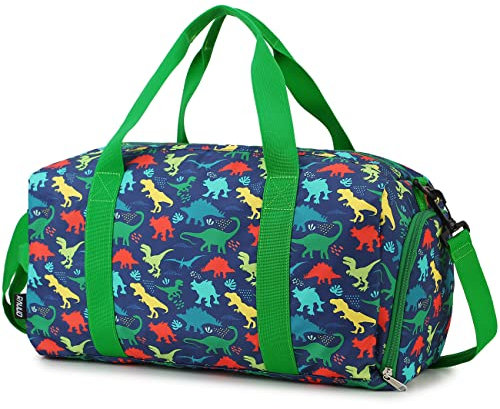 Bolso de Lona de Dinosaurio, RAVUO Resistente al Agua Bolso de Gimnasio Weekender Bolso de Mano Bolso de Viaje para niños con Compartimento para Zapatos y Bolsillo para Mojado
