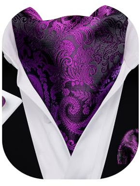 Barry.Wang Herren Paisley Ascot Krawatten-Set mit Taschentuch und Manschettenknöpfen, Seidenjacquard, gewebtes Blumenmuster, dunkelviolett, Einheitsgröße