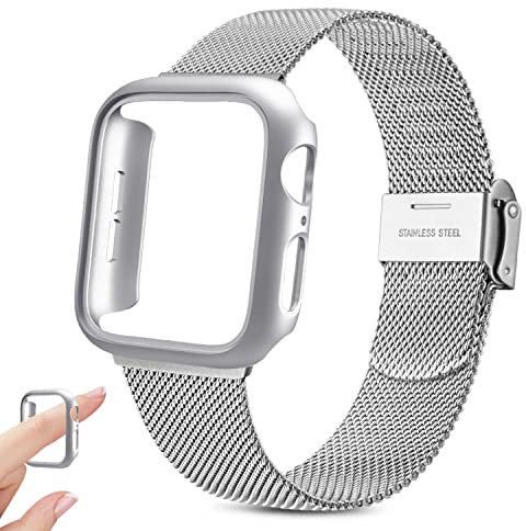 Yisica Cinturino per Apple Watch 40mm 44mm, Custodia Rigida Protettivo Cover, Cinturini in Acciaio Inossidabile Maglia Metallo Milanese per iWatch SE/6/5/4 (Argento & Cinturino Argento)