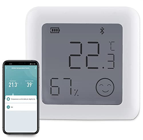 Bluetooth Digitales Mini Thermo-Hygrometer, ANTELA Innentemperatur und Luftfeuchtigkeit, Thermometer Hygrometer Klein und Handlich, Smart Life APP-Steuerung, Weiß