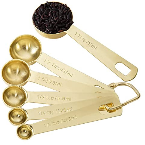 Gold Measuring Spoons Set of 6 - Heavy Duty 18/8 Stainless Steel - 1/8, 1/4, 1/2 TSP, 1 TSP, 1/2 tbsp & 1 tbsp - Liquid & Dry Ingredients