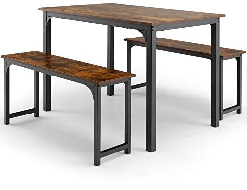 TANGZON Dining Table with 2 Benches, 3 Pieces Steel Frame Kitchen Table Set, Industrial 4-6 Person Breakfast Dining Table and Chairs for Home Dining Room (Coffee+Black)