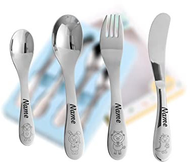 4-Set Kinderbesteck mit Namensgravur, Edelstahl poliert, Taufgeschenke, Geschenke zur Taufe, Weihnachtsgeschenke, Geburtstagsgeschenke, Kinderbesteck mit Namensgravur