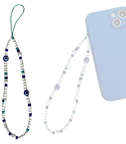 Tuzsocr Cordon de Téléphone Bleu et Blanc - Perlé, Long, Breloque en Perles de Résine - Accessoire Tendance Contre le Mauvais Œil pour Femmes