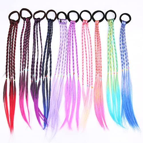 YSTrillion Bunte Haarsträhnen Kinder,10 Stück Farbverlauf Mädchen Haarteil Band mit Elastischem,Buntes Geflochtenes Haar,Bunte Haarteile für Kinder und Frauen 40CM