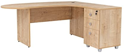 Furni24 Schreibtisch Chefschreibtisch Winkeltisch PC Tisch Moderner Bürotisch Computertisch mit großer, Holzbeinen, Arbeitsfläche Gela Eiche Dekor rechts gewinkelt Ink.Beistellcontainer mit Schubladen