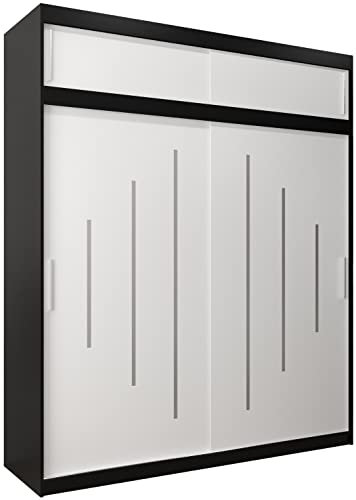 Kryspol Schwebetürenschrank York 200 cm Kleiderschrank mit Kleiderstange und Einlegeboden Schlafzimmer- Wohnzimmerschrank Schiebetüren Modern Design (Schwarz + Weiß mit Erweiterung)
