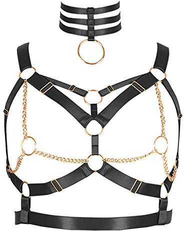 PETMHS Punk Brust Harness BH Body Chain für Damen Truhe Kette Schwarz Gothic Halsband Ketten Riemchen Geschirr BHs Körperschmuck Clubwear Mode Belly Belts (Schwarzes Gold O19)