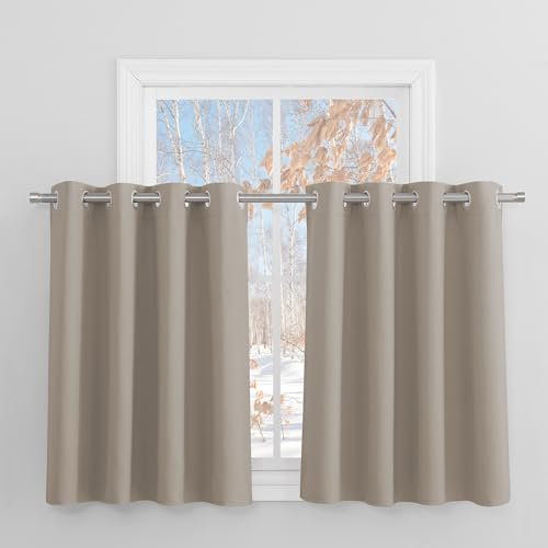 PONY DANCE Verdunklungsvorhänge mit Ösen 2 Stücke Scheibengardine Blickdicht Thermovorhang Kurze Gardinen Küche / Badezimmer Fenster, H 90 x B 132 cm, Sandfarben