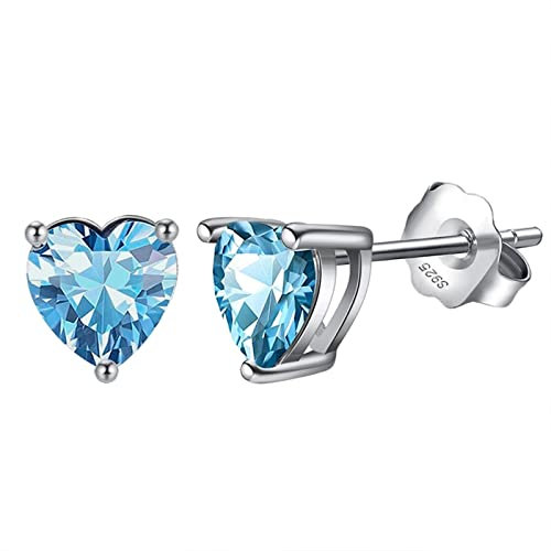 Bellitia Jewelry Boucles d'oreilles Coeur d'amour pour Femme, Clou d'oreilles en Argent Sterling 925 avec Aigue-marine Coeur Facile Beaux Bijoux Cadeau pour les Femmes Filles