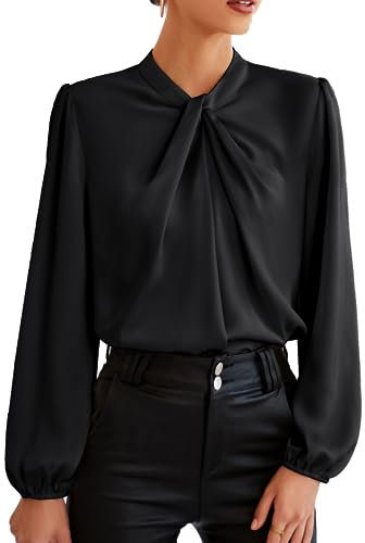 GRACE KARIN Tops for Women UK Summer Long Sleeve T-Shirt 1950s Knotted Neck Loose Fit Going Out Blouse Black XL