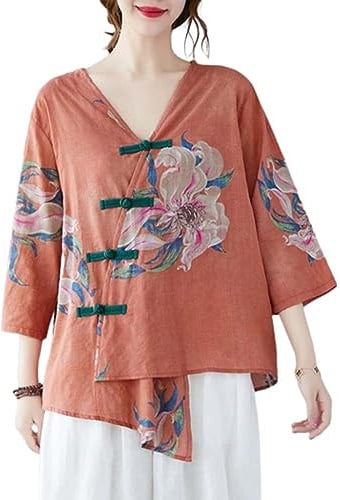 The Princess Bride Hanfu - Blusa informal de lino, manga 3/4, cuello en V, ropa tradicional china con botones de rana china, para verano, A4