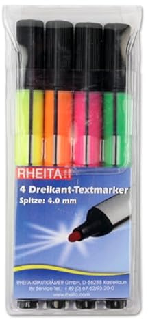 Rheita Dreikant Textmarker Set (triagonal) mit Keilpitze (4.0 mm), gelb, orange, pink und grün, im Etui