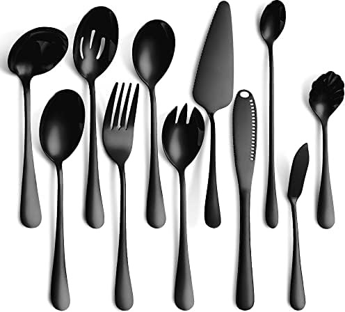 11-teiliges Servierbesteck Besteck-Set, Edelstahl Servierutensilien-Set, inklusive Tortenheber, geschlitzter Servierlöffel, Servierlöffel, Buttermesser (schwarz)