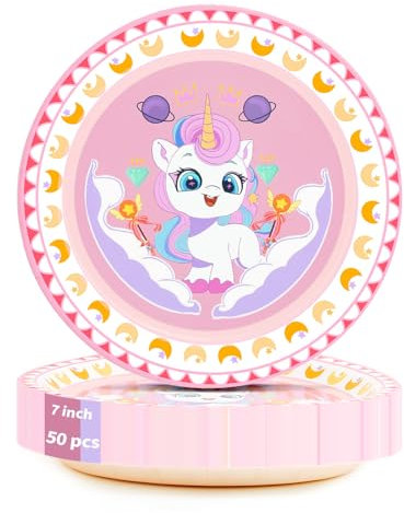 ATAMOW Lot de 50 assiettes jetables en carton licorne de 17,8 cm, assiettes de fête licorne, assiettes jetables pour vacances, anniversaire, camping, mariage, dessert, dîner, fournitures de fête