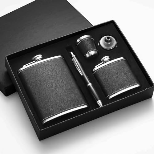Flachmann Geschenkset Personalisiert 8oz+3oz, Schwarz Leder Mit Schnapsbecher Edelstahl, Signaturstift, Trichter - Für Männergeschenke Vatertagsgeschenke