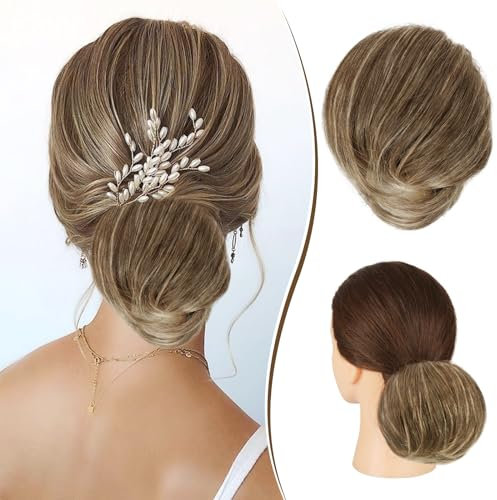 RUWISS Haarteil Lang Dünn Glattes Tousled Updo Bun Rea Echthaar Elegante Haarteile Haargummi Lang Scrunchie Verlängerungfür Damen,25g