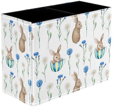 VAPOKF Pot à crayons aquarelle lapin et fleurs pour bureau, 2 compartiments, pot à crayons, pinceaux de maquillage, organisateur de fournitures de bureau pour la maison et le bureau