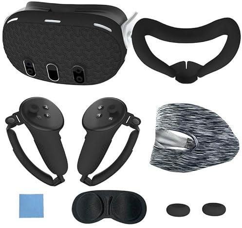 7-Piece Accessory Set for Meta Quest 3, Anti-Scratch VR Shell Cover, Face Cover, Button Rocker Caps, Lens Protective Cover, Wiping Cloth, Eye Mask (Colour Random) (Black)