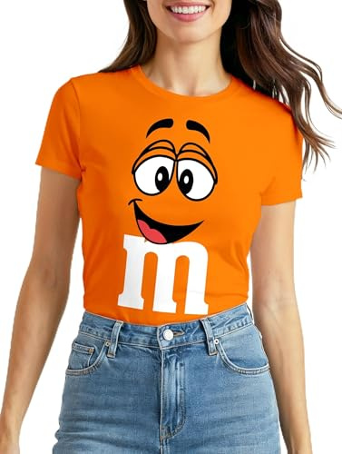 MoonWorks® Damen T-Shirt Fasching Karneval M Aufdruck Gruppen- Kostüm Verkleidung Last Minute Faschingskostüme Frauen Slim Fit Orange S