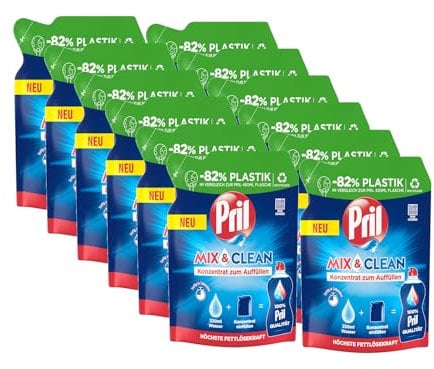 PRIL Mix & Clean Konzentrat zum Auffüllen (12x 120 ml), Handgeschirrspülmittel mit höchster Fettlösekraft, für sauberes Geschirr auch in kaltem Wasser, 82% weniger Plastik