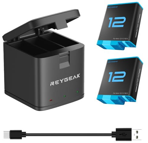 Reygeak - Cargador de batería para GoPro Hero 12 Black Hero 11/10/9, 2 baterías de repuesto con tres ranuras para cargador compatible con GoPro Hero 12/11/10/9 (cargador + 2 x baterías)