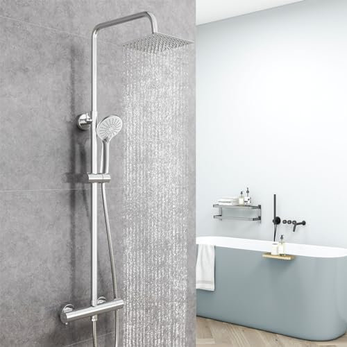 AICA Colonna Doccia con Miscelatore Termostatico, Rubinetto Doccia Soffione Doccia Quadrato in Acciaio Inox 20x20cm, Doccetta Tonda da 108mm, Altezza Regolabile 735-1170mm, Set Doccia Completo Cromo