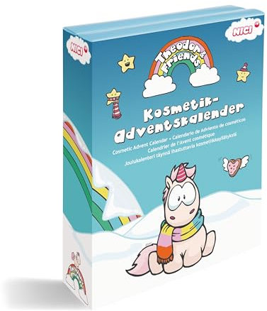 NICI Einhorn Adventskalender 2024 Theodor & Friends Kosmetik blau - Kosmetik Kalender für Adventszeit für Mädchen ab 3 Jahren: Weihnachtskalender für Kinder mit Schminke & Schmuck - 61336