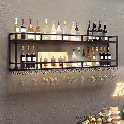Bouteille Muraux Métalique Étagère À Vin Étagères,Porte-Bouteilles Muraux Industriels Avec Porte-Verre,Porte Bouteille Muraux Industriels Casier À Vin,Pour Cuisine, Salle À Manger, Bar ( Color : Nero